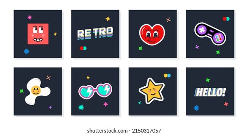 Retro object poster elements set on black background. 80's cute element