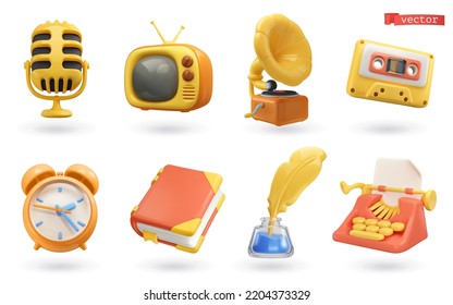 Retro objects 3d vector icon set. Microphone, TV, gramophone, audio cassette, alarm clock, book, ink pen, typewriter - Shutterstock ID 2204373329