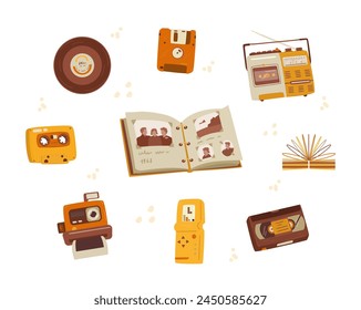 Retro objects flat cartoon vector illustrations set. 90's nostalgia concept.