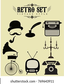 Retro objects icons collection black white design