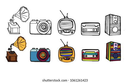 Retro objects. Vintage hand drawn items phonograph, camera, tv, cassette. Vector retro icons eps10