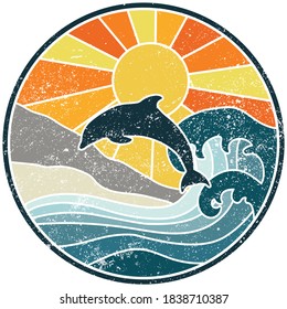 Retro Ocean Illustration with Sun Waves and Dolphin - Graphic Vector Print for Tee / T Shirt