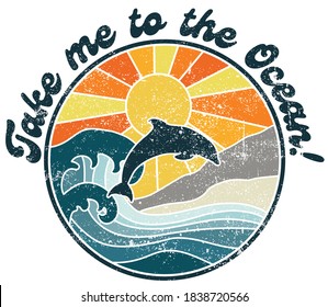 Retro Ocean Illustration with Sun Waves and Dolphin - Graphic Vector Slogan Print for Tee / T Shirt