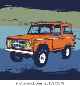 Retro off-road vehicle illustration with colorful grunge background.