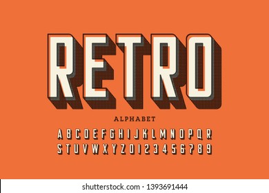 Retro offset printing style font, alphabet letters and numbers vector illustration