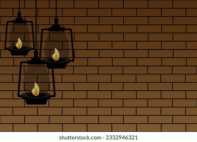 Retro Oil Lamp on Brick Wall with space for text. Vintage Lantern with Candle with copy space. Flat vector illustration.  