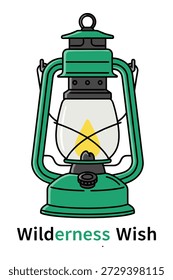 Gráfico vetor de lâmpada de óleo retro, tipografia de desejo selvagem, símbolo de equipamento de acampamento, ilustração de lanterna verde rústica