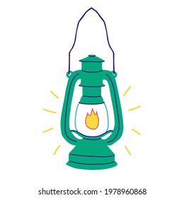 Retro oil lantern, kerosene lamp. Vector hand drawn illustration. Isolated on white background