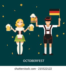 Retro Oktoberfest Male and Female Characters in Traditional Costumes with Accessories Trendy Modern Flat Design Template Vector Illustration Concept