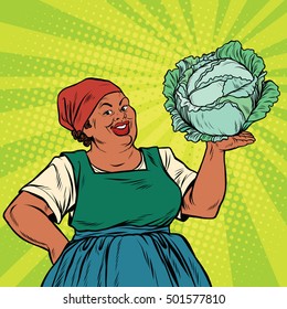 Retro old African-American woman with a head of cabbage, pop art retro vector illustration