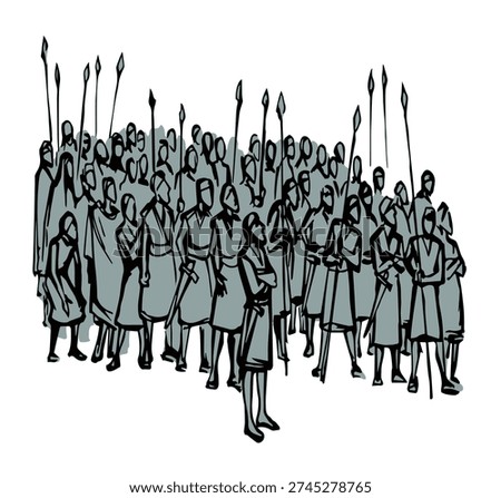 Retro old age celt male strong armor war guard arm troop human crowd Canaan field land scene. Middle east black hand drawn jew beg God faith kid herd camp win story Islam Muslim cartoon line art sketch