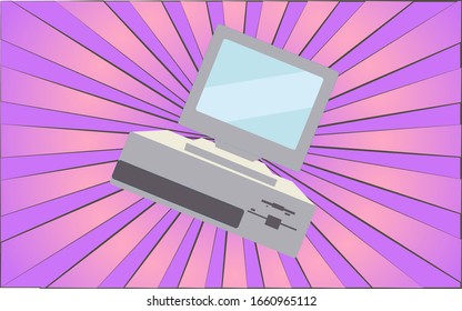 Retro Old Antique Hipster Computer From The 70s, 80s, 90s, 2000s Against A Background Of Abstract Purple Rays. Vector Illustration.