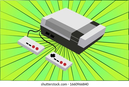 Retro old antique hipster electronic game console with joysticks from the 70s, 80s, 90s, 2000s against a background of abstract green rays. Vector illustration.