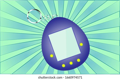 Retro old antique hipster electronic portable toy from the 70s, 80s, 90s, 2000s against a background of abstract blue rays. Vector illustration.