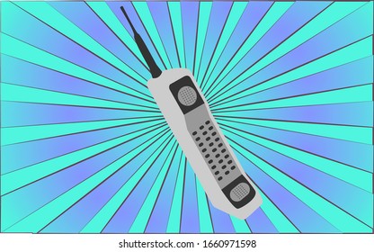 Retro old antique hipster mobile phone with an antenna from the 70s, 80s, 90s, 2000s against a background of abstract blue rays. Vector illustration.