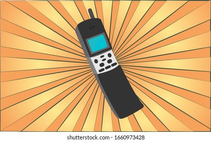 Retro old antique hipster mobile phone with an antenna from the 70s, 80s, 90s, 2000s against a background of abstract yellow rays. Vector illustration.