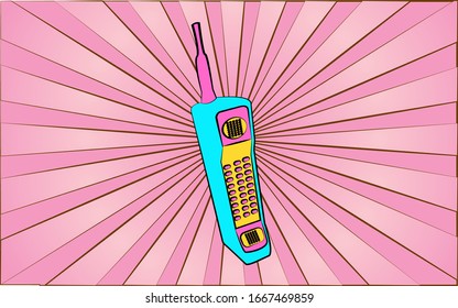 Retro old antique hipster mobile phone from the 70s, 80s, 90s, 2000s against a background of abstract pink rays. Vector illustration.