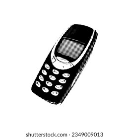 Retro old antique hipster mobile phone from the 90s, 2000s with buttons in trendy halftone style. Realistic Vector illustration.