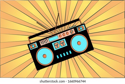 Retro old antique hipster music audio recorder from the 70s, 80s, 90s, 2000s against a background of abstract yellow rays. Vector illustration.