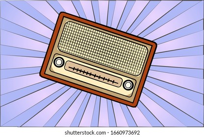 Retro old antique hipster radio receiver from the 70s, 80s, 90s, 2000s against a background of abstract blue rays. Vector illustration.