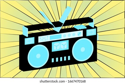 Retro old antique music audio recorder from the 70s, 80s, 90s, 2000s against a background of abstract yellow rays. Vector illustration.