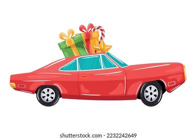 Retro old car red color cartoon of santa claus carrying gifts to celebrate merry christmas