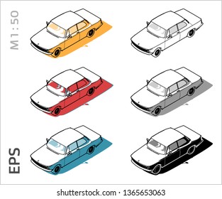 Retro old car vector icons set for architectural drawing and illustration, iso view