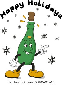 Retro old cartoon Christmas bottle with champagne character and groovy lettering. Flat hand drawn slogan Happy Holidays with funny vintage character. Concept illustration in retro style for printouts