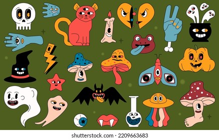 Retro old Cartoon Halloween character set. Groovy trippy creepy figures.