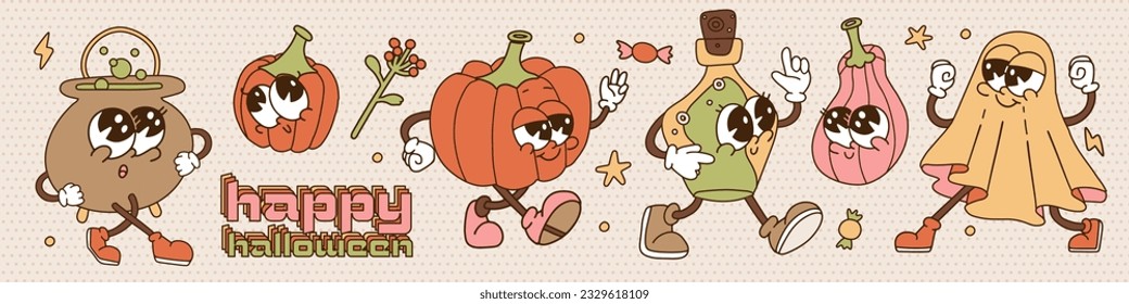 Retro old Cartoon Halloween character set. Groovy trippy groovy figures - pumpkins, cauldron, chast and potion flask. Contour 80s-90s Vector illustration on isolated background.