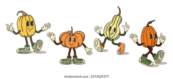 Retro old cartoon pumpkin characters collection. Cute funny vintage characters in flat style. Vector isolated illustrations on white background. Autumn seasonal illustration for posters, printouts