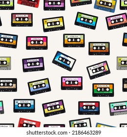 Retro Old colorful  audio cassettes seamless background