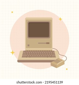 Retro old computer, old classic computer flat design style