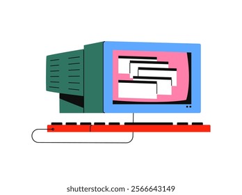 Retro old computer in Memphis 90s style. Nostalgia cartoon personal computer user interface. Groovy vaporwave PC device from the 00s with keyboard