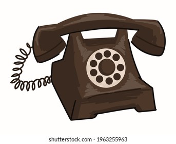 Retro old fashioned telephone with rotation system of numbers and dialing. Phone with cable and wire, telecommunication and obsolete buttons. Vintage cell electronic connection. Vector in flat style