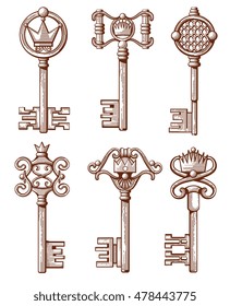 Retro old keys vector illustration in hand drawn style. Set of keys with crown
