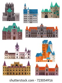 Retro or old medieval castles made of stone. Set of isolated fort buildings with towers and gates. Tourism architecture landmarks and historic sights. Chivalry and history, kingdom and monument theme