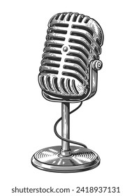 Retro old microphone on stem. Hand drawn vintage sketch vector illustration