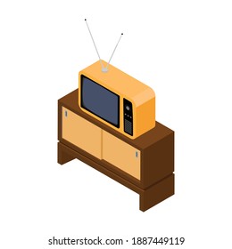 Retro old orange TV receiver on table isometric view. Isolated on white background. Vector