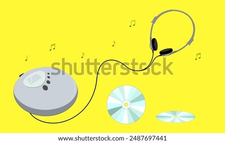 Retro old portable CD player  with earphones and CD on yellow background. Vintage music player entertainment from 90s, 1990 technology, vector illustration. 