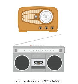 Retro old radio and cassette recoder. Vintage radio isolated on white background. Vector illustration