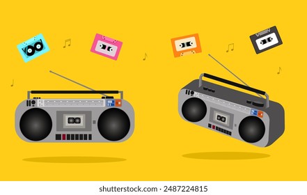 Retro old radio with vintage colorful audio cassette tape from the 90s yellow background, listening to music for entertainment in 1990s, vector illustration. Boombox music player, 1990  technology 