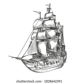 retro old Ship vintage hand drawn vector illustration realistic sketch