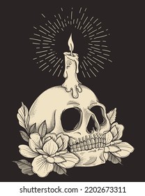 retro old skull with candle light 