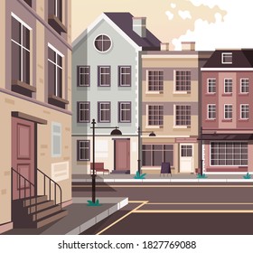 Retro old style Europe city town street concept. Vector flat graphic design cartoon illustration