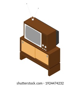 Retro old  TV receiver on table isometric view. Isolated on white background. Vector