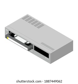 Retro old video recorder with vhs cassette isolated on white background. Isometric view. Vector