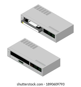 Retro old video recorder with vhs cassette isolated on white background. Isometric view. Vector