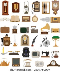 retro old vintage icons flat style stock vector illustration isolated on white background