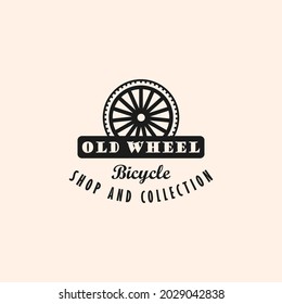 retro old wheel bicycle logo vector design illustration, antiquated bike shop and collection logo business template with vintage, modern, and mature styles